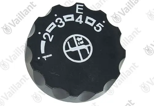 Schwarzer Drehknopf mit Ziffern von 1 bis 5 und der Buchstabe E in der Mitte. Logo von Vaillant im Zentrum des Knopfes.